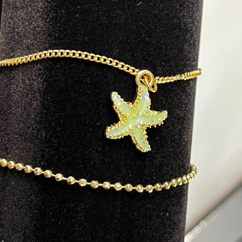 Gold Tone Iridescent Starfish Charm Bracelet Set Two Piece Coastal Jewelry OS